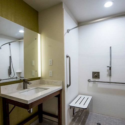 The image shows a bathroom with a sink, large mirror, and a walk-in shower equipped with grab bars, a shower seat, and a handheld showerhead.