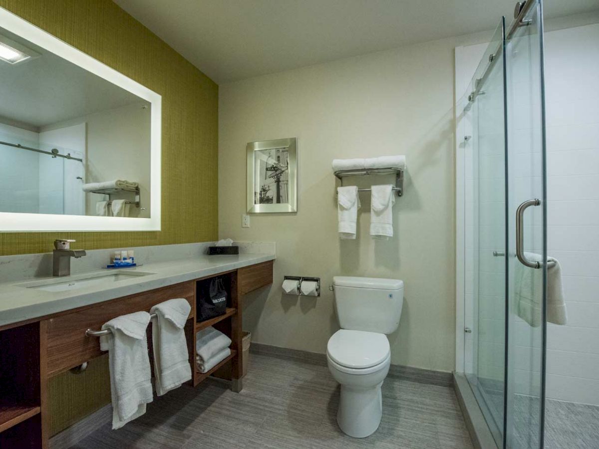 The image shows a modern bathroom with a glass-enclosed shower, a toilet, and a vanity with a large mirror and towels neatly arranged.